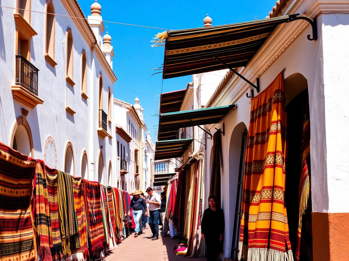 Rua colonial com tecidos artesanais coloridos em Sucre, na Bolívia